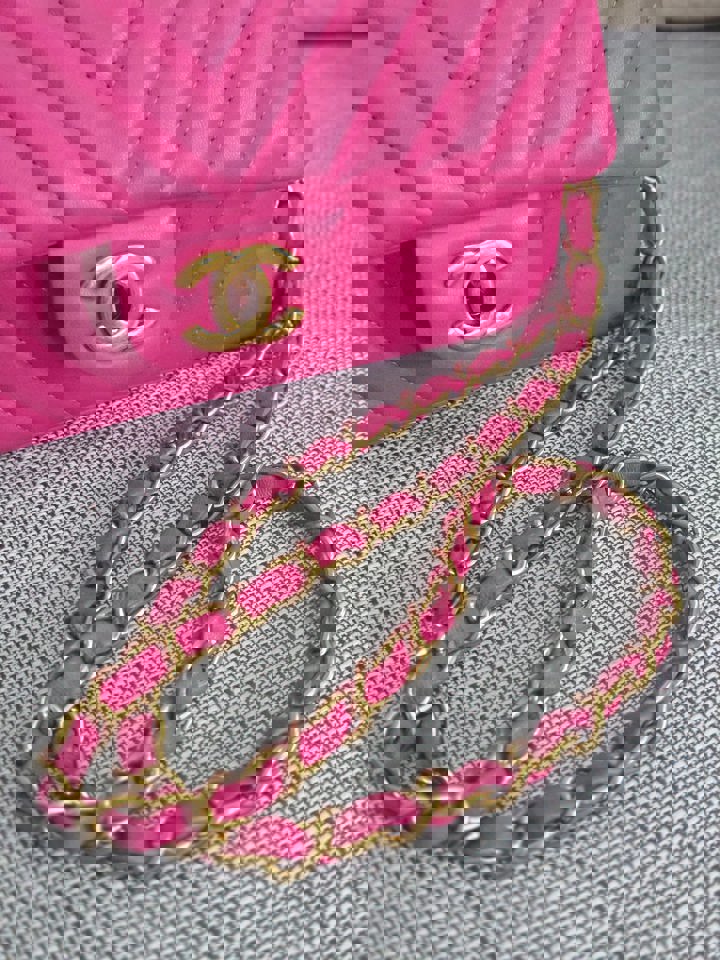 Chanel series 21 Barbie Pink Lambskin Chevron Mini Rectangular Flap Bag with Yellow GHW