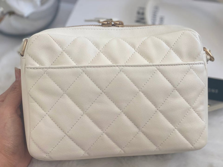 Chanel 22C White Calfskin GHW Small Camera Case Bag with Adjustable Strap