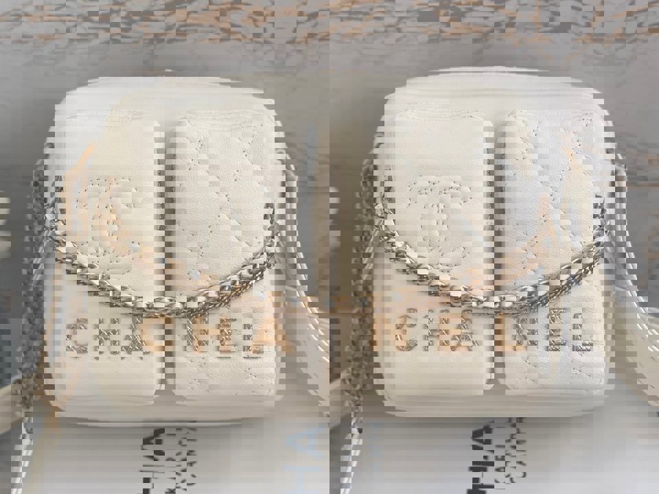Chanel 22C White Calfskin GHW Small Camera Case Bag with Adjustable Strap