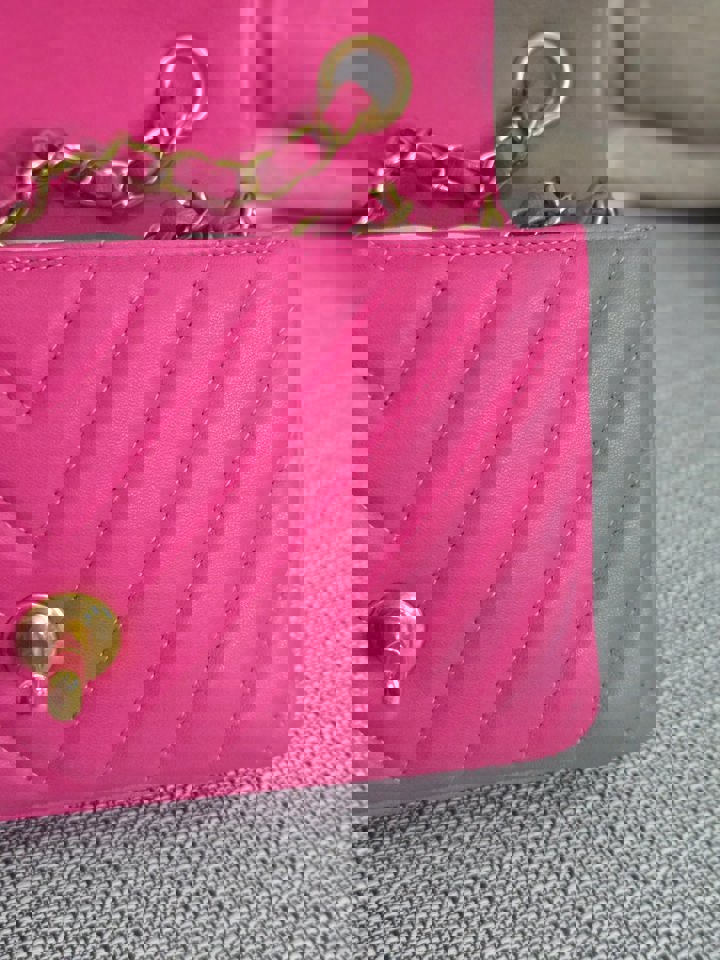 Chanel series 21 Barbie Pink Lambskin Chevron Mini Rectangular Flap Bag with Yellow GHW