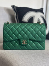Load image into Gallery viewer, Chanel series 25 18S 2018 Spring/Summer Collection Pearly Emerald Green Caviar Champagne GHW Jumbo Timeless Classic Double Flap Bag
