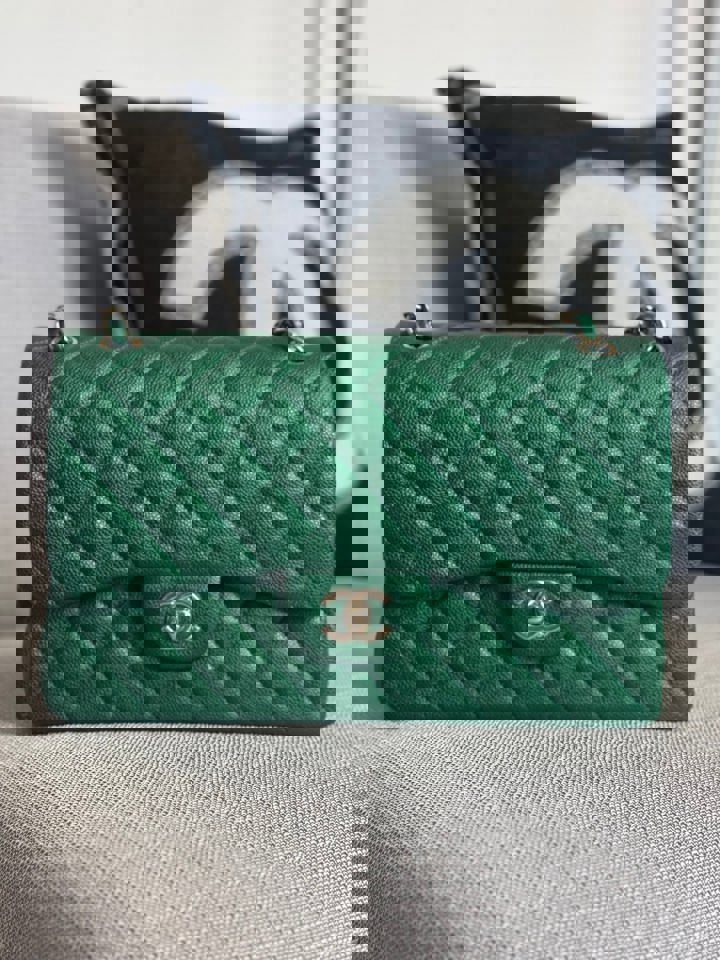 Chanel series 25 18S 2018 Spring/Summer Collection Pearly Emerald Green Caviar Champagne GHW Jumbo Timeless Classic Double Flap Bag
