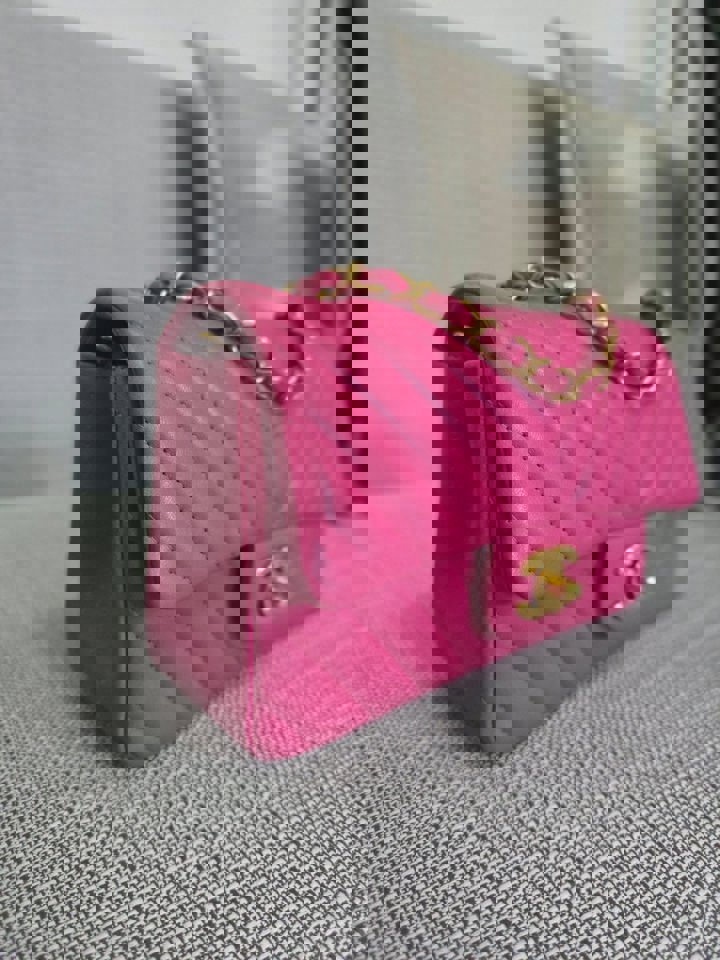 Chanel series 21 Barbie Pink Lambskin Chevron Mini Rectangular Flap Bag with Yellow GHW