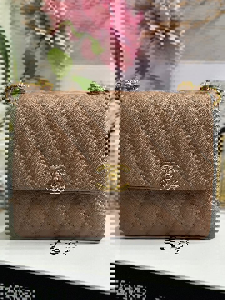 Chanel 22K Pre Fall/Winter 2022 Collection Dark Beige Caviar Aged GHW Coco First Mini Flap Bag