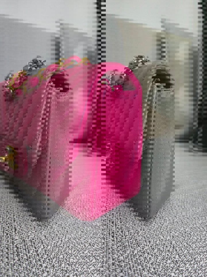 Chanel series 21 Barbie Pink Lambskin Chevron Mini Rectangular Flap Bag with Yellow GHW