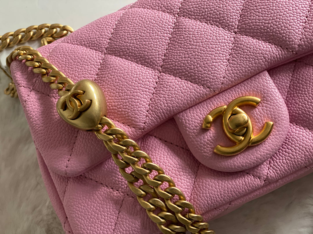 Chanel 23P Pink Caviar Heart Adjustable Mini Rectangular Flap Bag with gold hardware