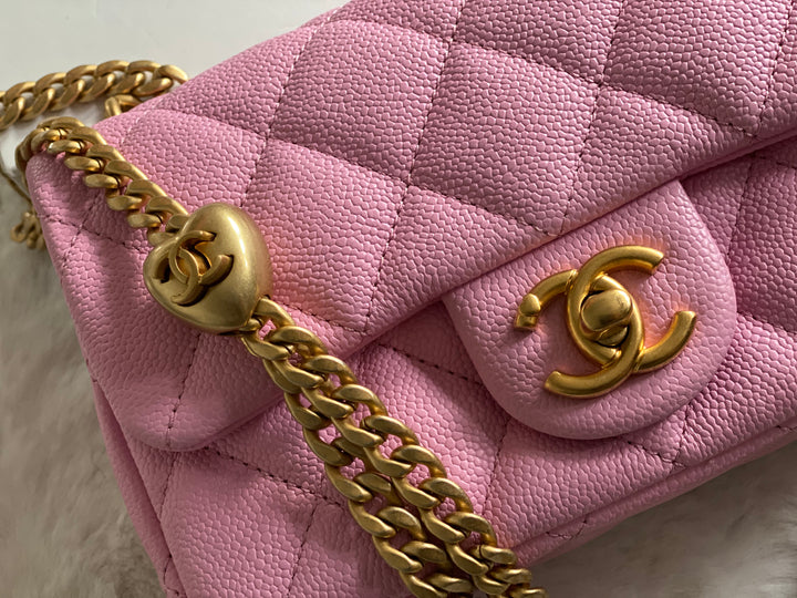Chanel 23P Pink Caviar Heart Adjustable Mini Rectangular Flap Bag with gold hardware