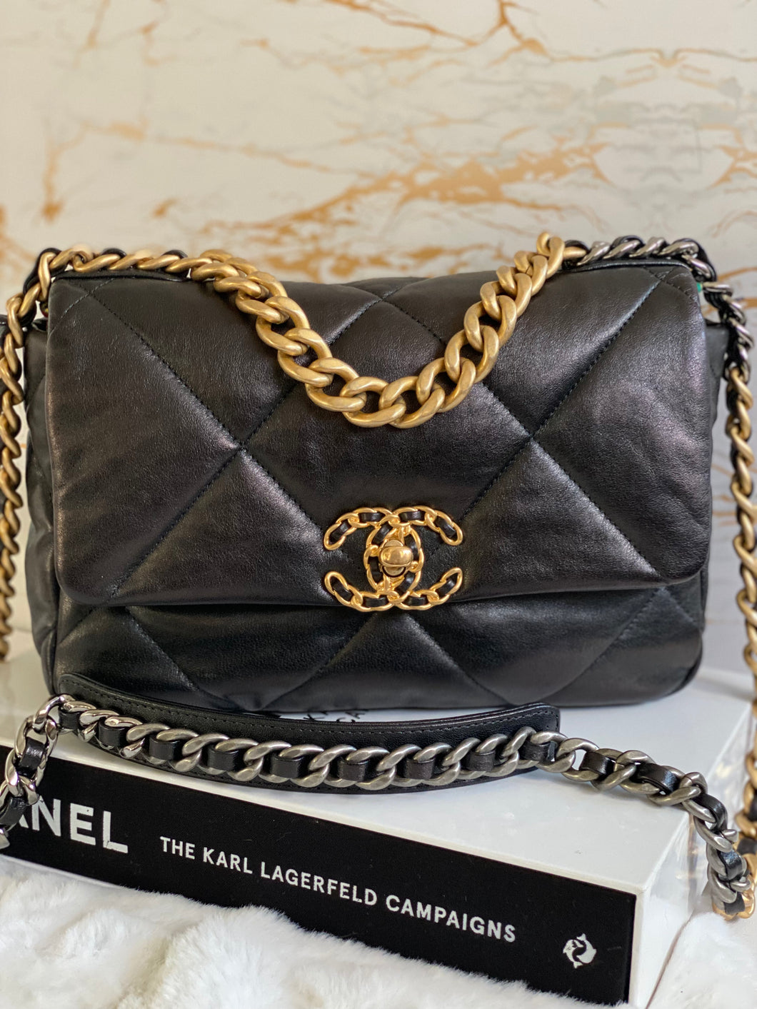 Chanel 19 Flap Bag Size Small series 28 Black Goatskin with mixed hardware