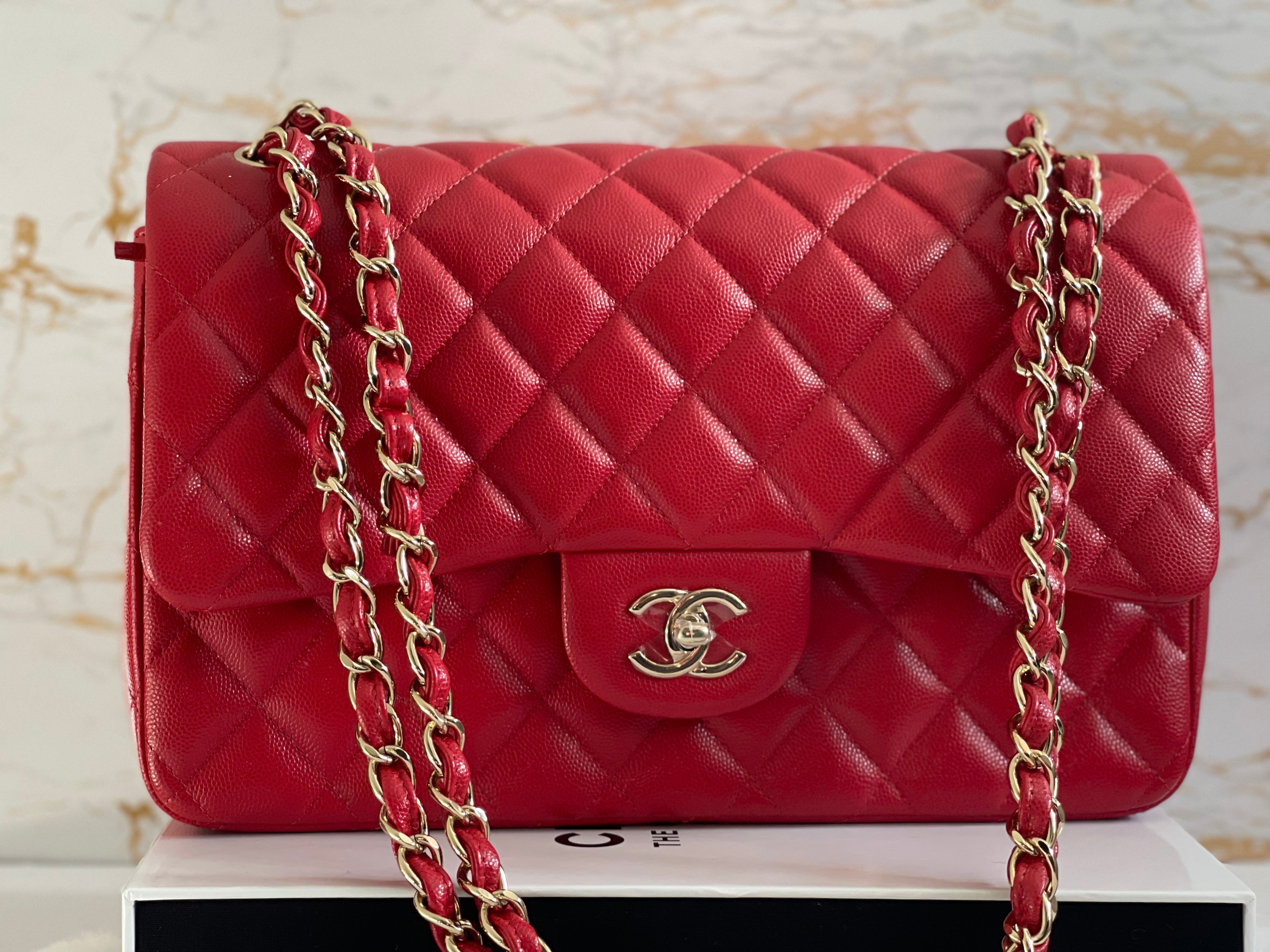 Chanel 19B Red Caviar LGHW Jumbo Timeless Classic Double Flap Bag