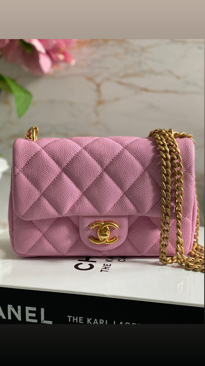 Chanel 23P Pink Caviar Heart Adjustable Mini Rectangular Flap Bag with gold hardware
