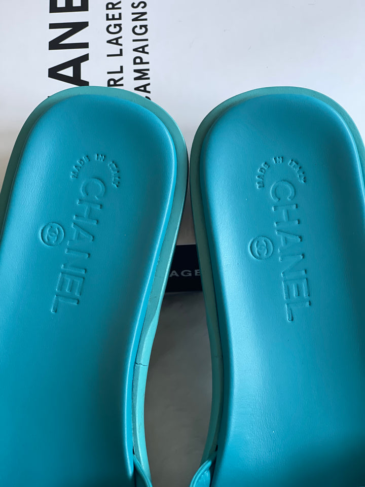 Chanel Turquoise Rubber Sliders Size 38C