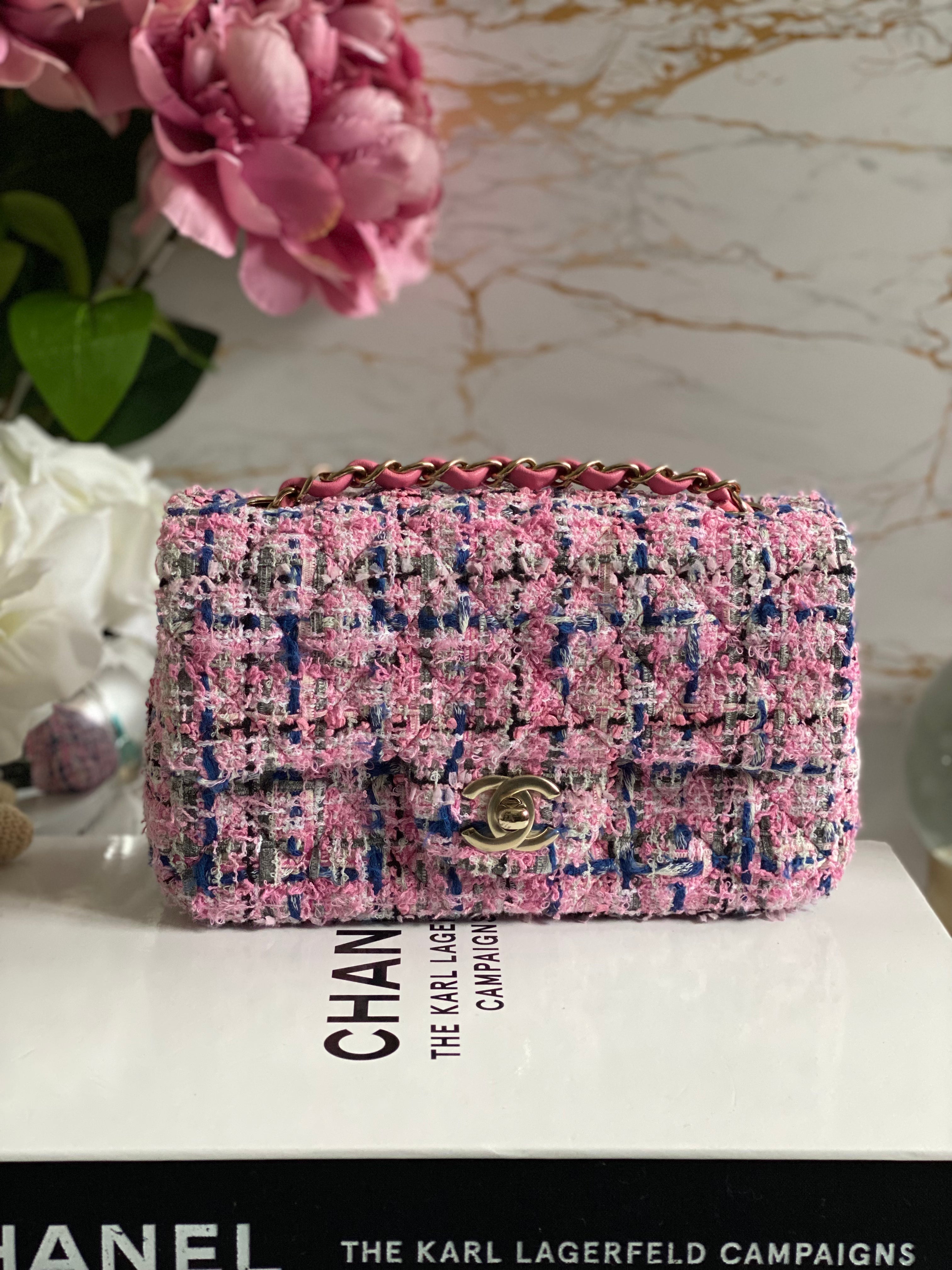 Chanel 23P collection Pink/Navy/White Tweed Mini Flap Bag with