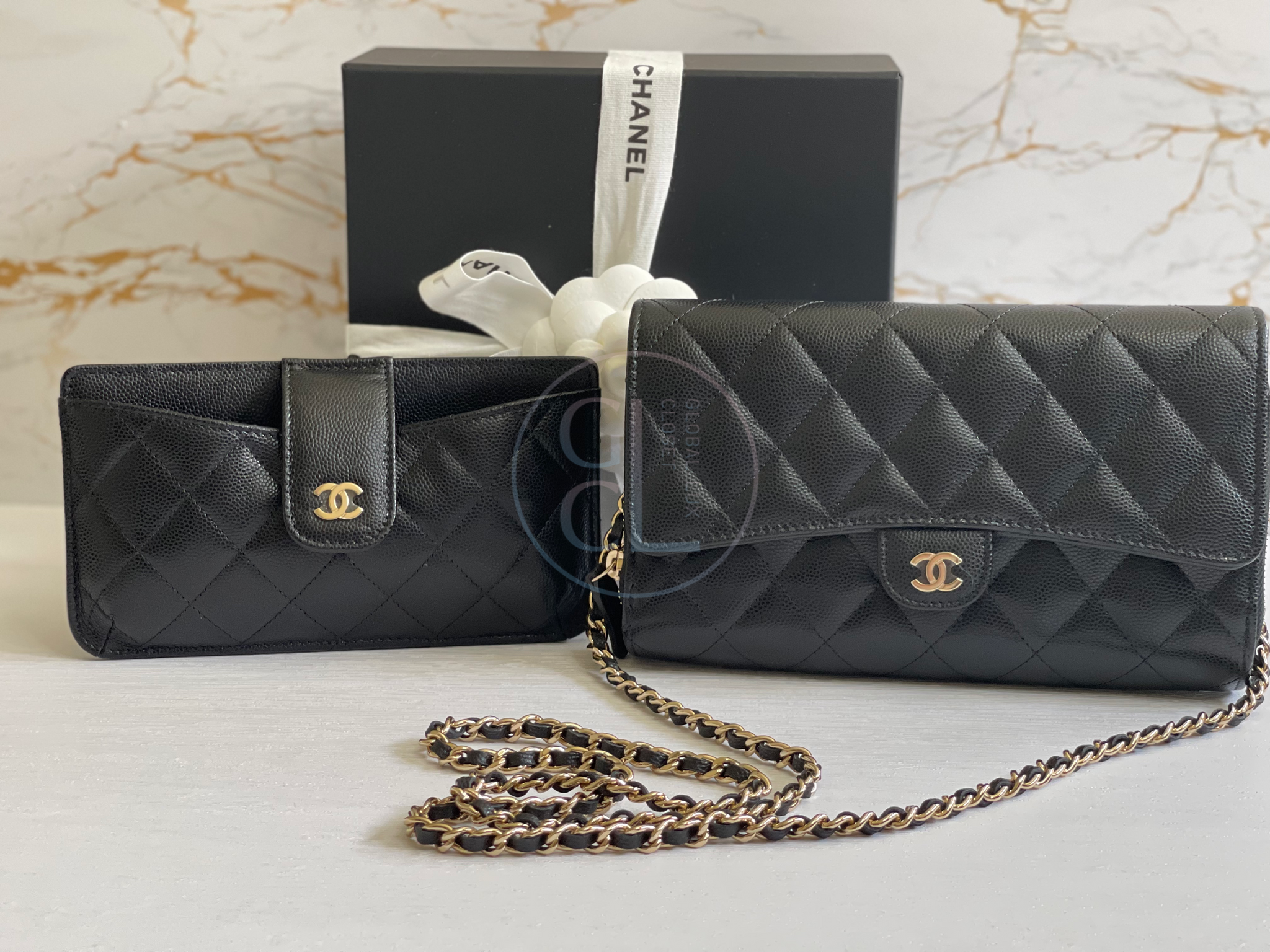 Chanel Wallet with Phone Pouch Clutch with Chain in Black Caviar LGHW