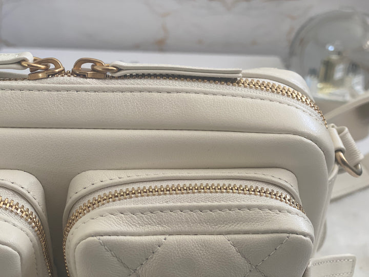Chanel 22C White Calfskin GHW Small Camera Case Bag with Adjustable Strap