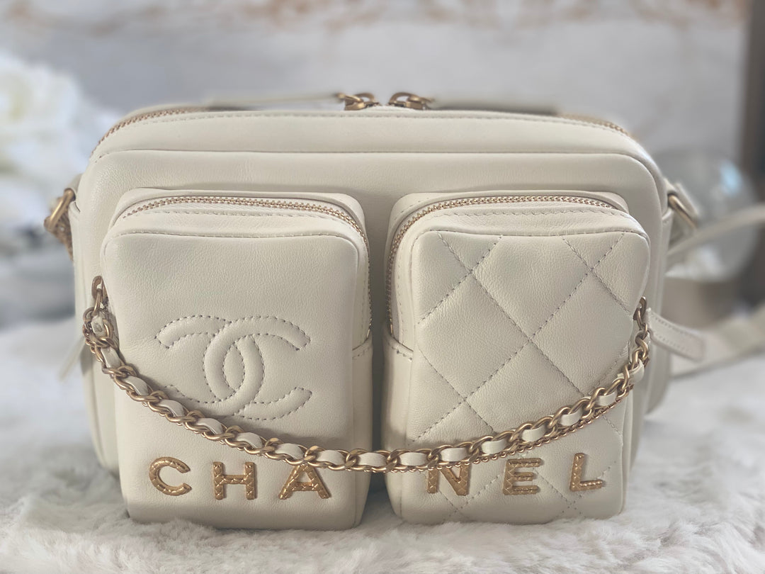 Chanel 22C White Calfskin GHW Small Camera Case Bag with Adjustable Strap