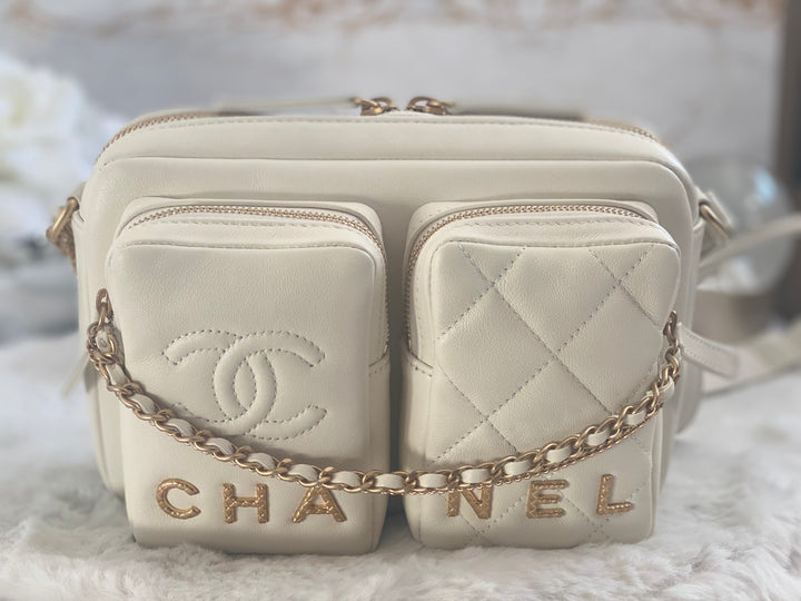 Chanel 22C White Calfskin GHW Small Camera Case Bag with Adjustable Strap