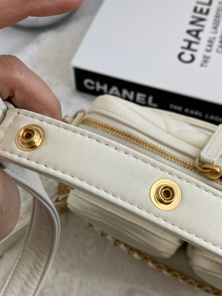 Chanel 22C White Calfskin GHW Small Camera Case Bag with Adjustable Strap
