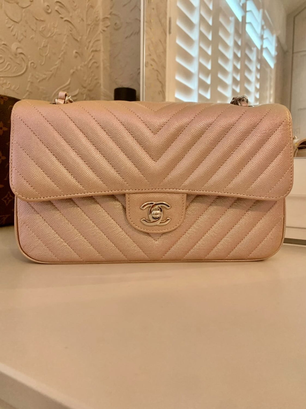 Chanel Classic Medium Double Flap 22B Rose ClairLight Pink Quilted Caviar  with light gold hardware