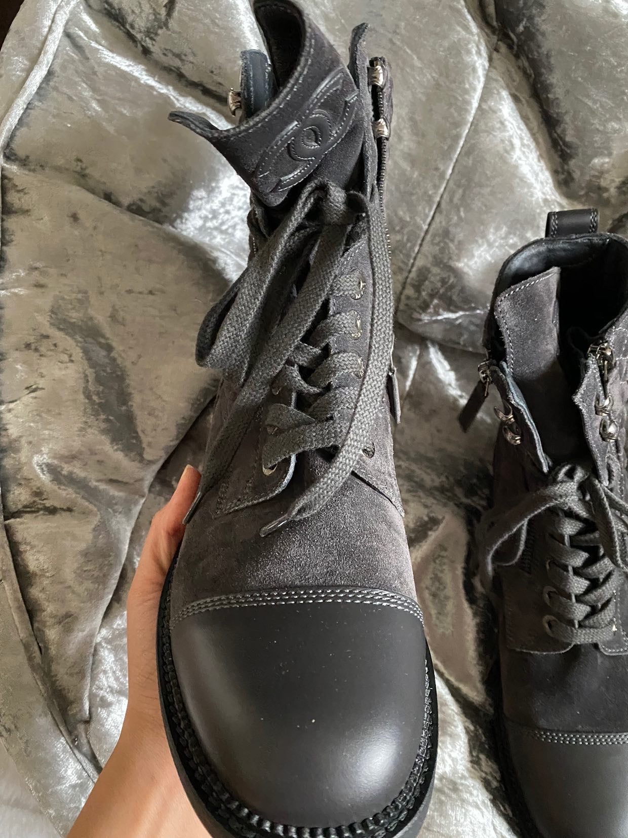 Chanel Grey Suede Combat Boots Size EU 40