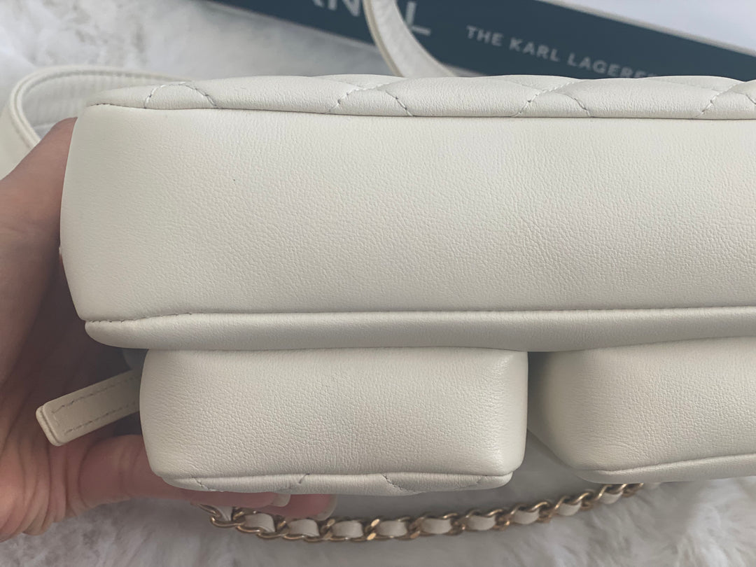 Chanel 22C White Calfskin GHW Small Camera Case Bag with Adjustable Strap
