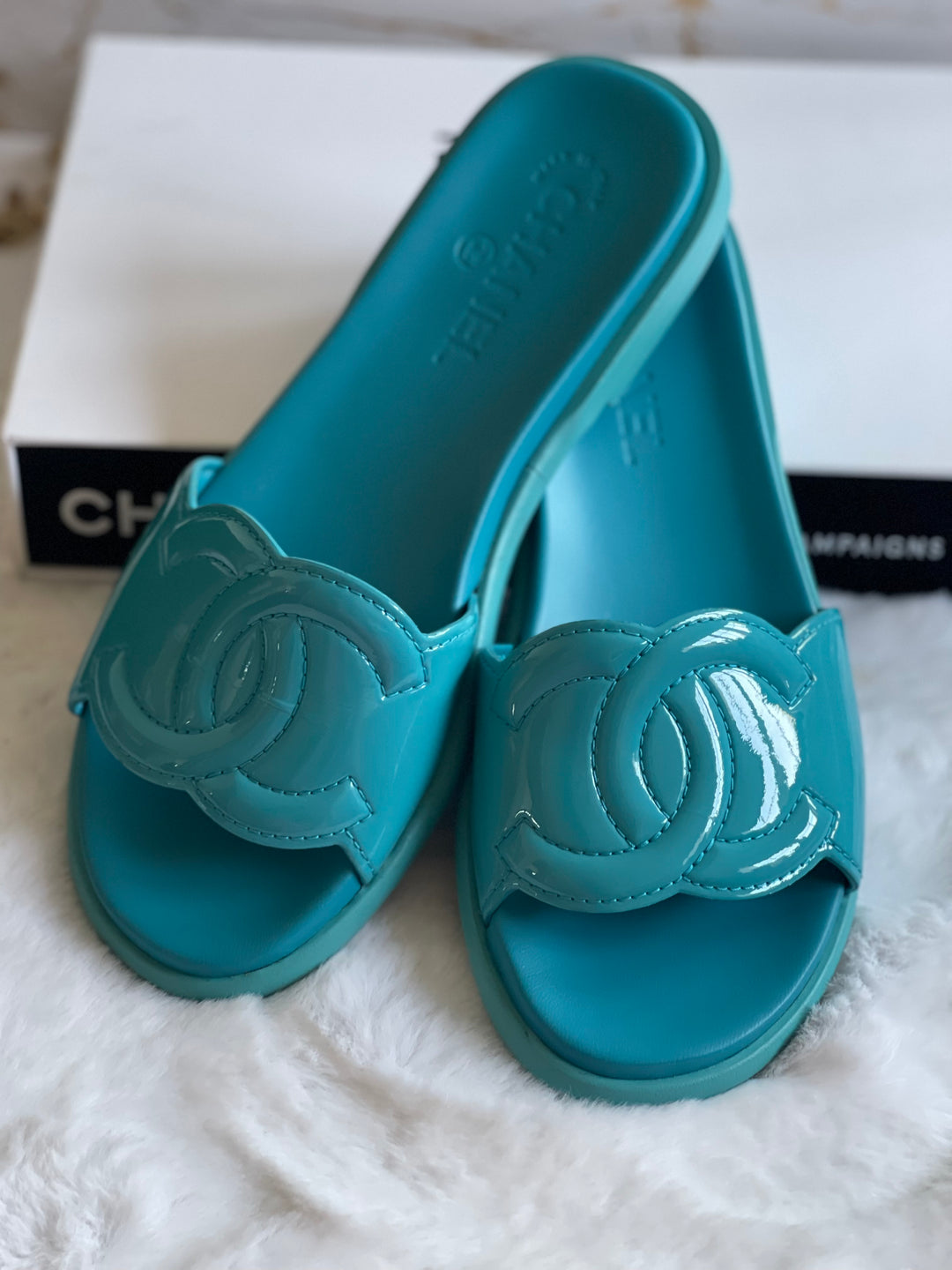 Chanel Turquoise Rubber Sliders Size 38C