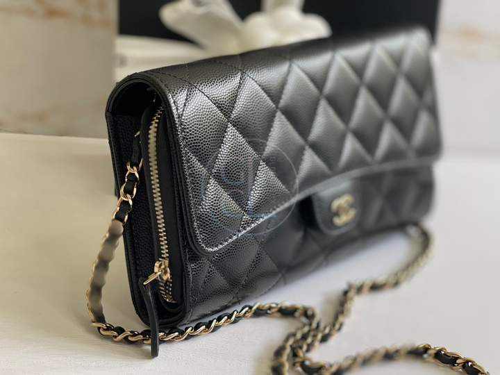 Chanel Wallet with Phone Pouch Clutch with Chain in Black Caviar LGHW