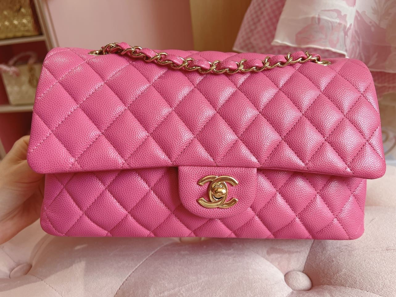 Chanel 19C collection Barbie Pink Caviar LGHW Medium ML timeless Classic  double flap bag