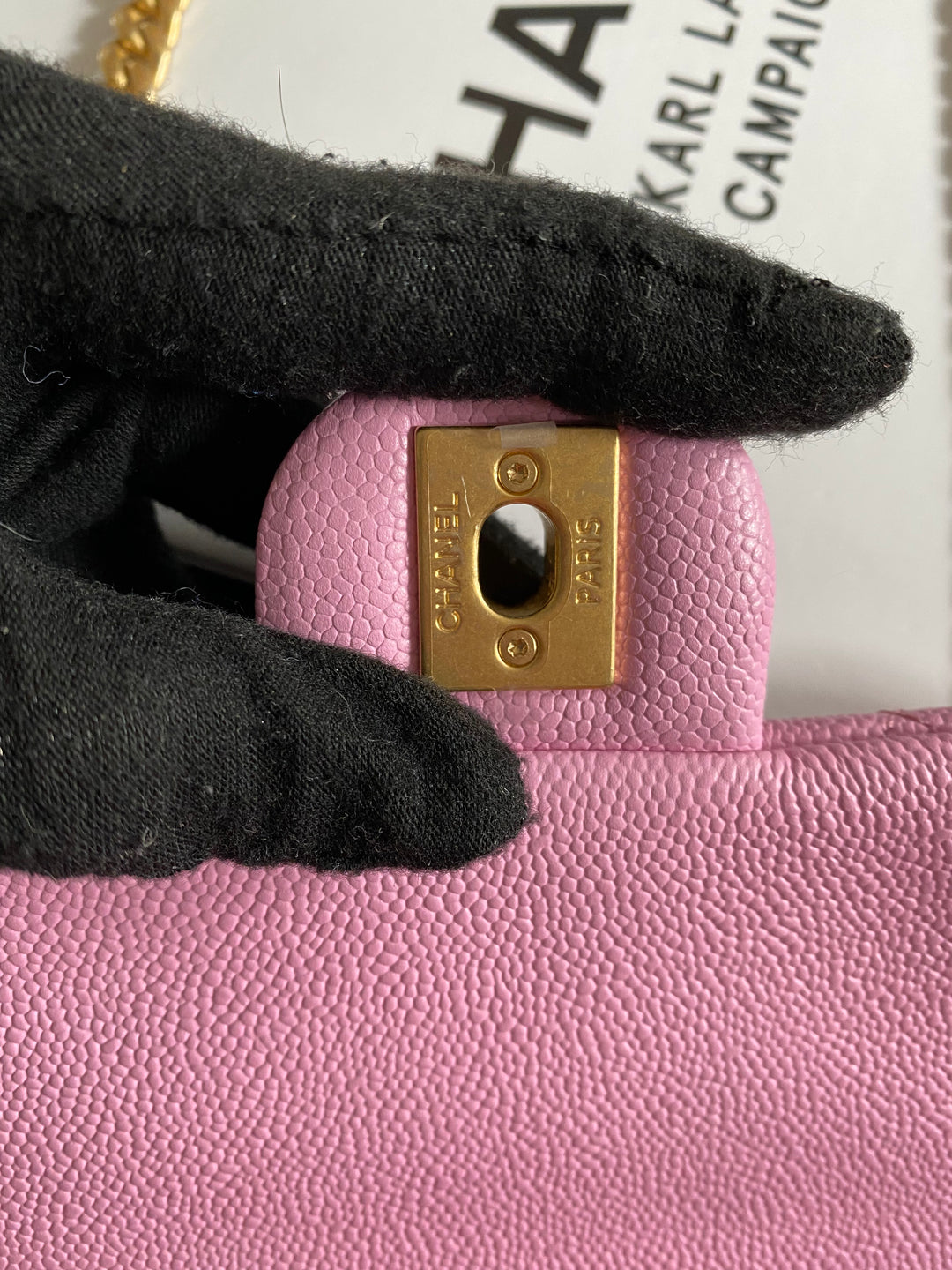 Chanel 23P Pink Caviar Heart Adjustable Mini Rectangular Flap Bag with gold hardware