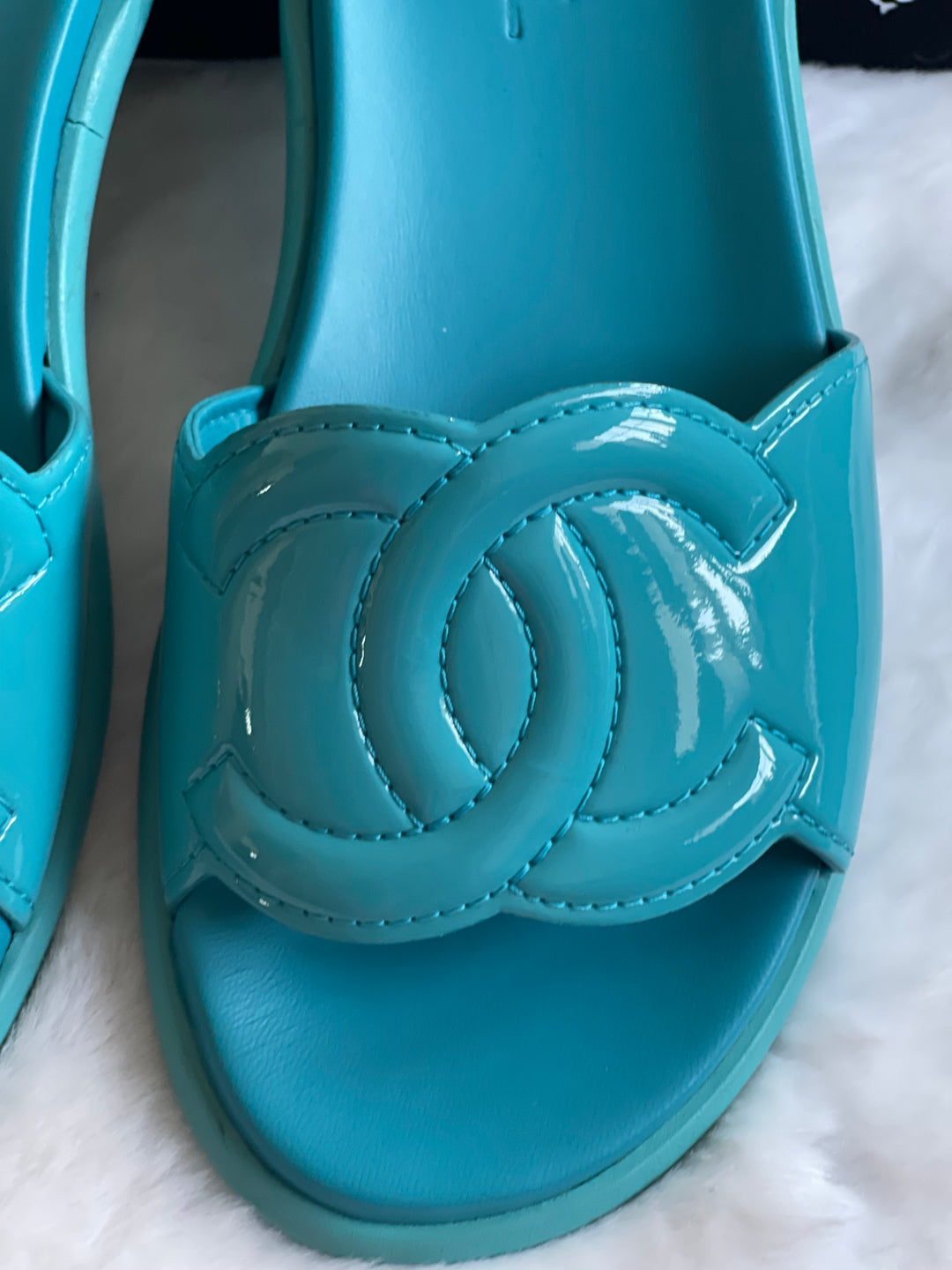 Chanel Turquoise Rubber Sliders Size 38C
