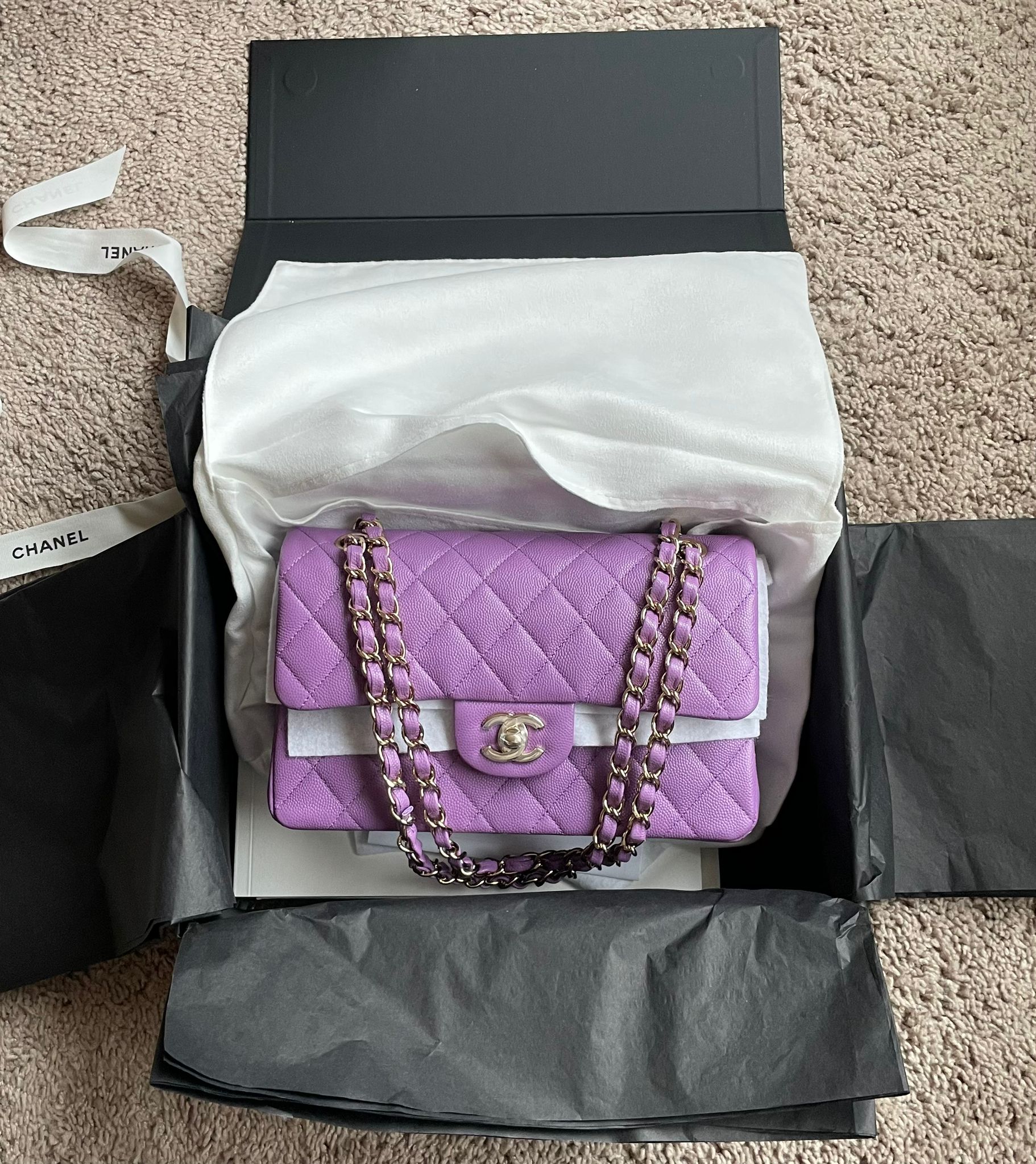 Chanel 22S Purple Caviar LGHW Small Timeless Classic Double Flap