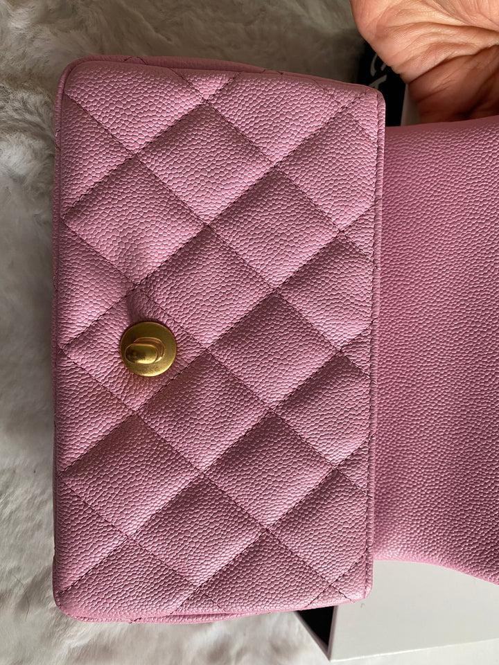 Chanel 23P Pink Caviar Heart Adjustable Mini Rectangular Flap Bag with gold hardware