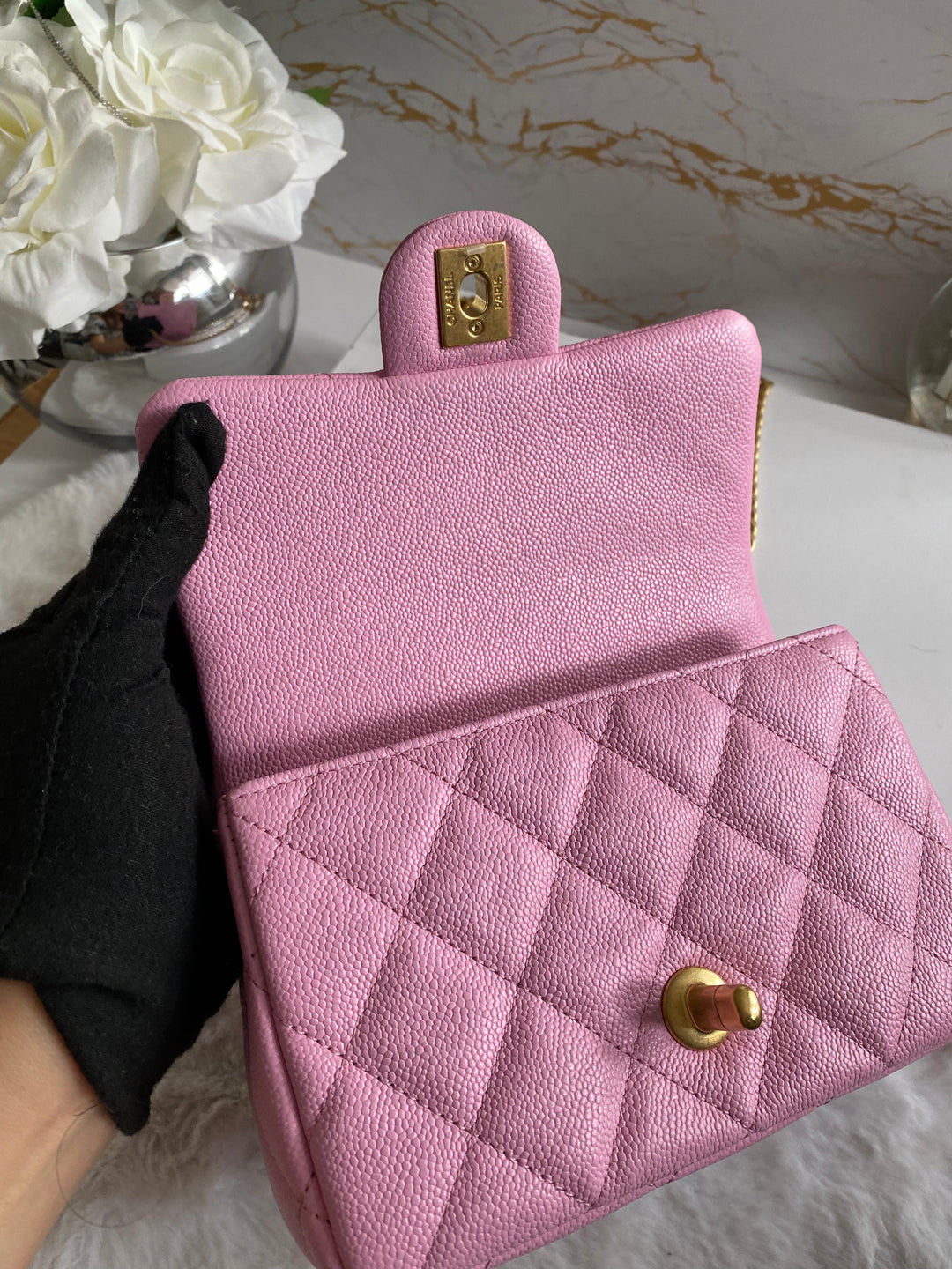 Chanel 23P Pink Caviar Heart Adjustable Mini Rectangular Flap Bag with gold hardware