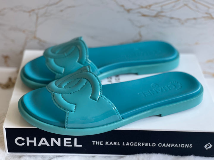 Chanel Turquoise Rubber Sliders Size 38C