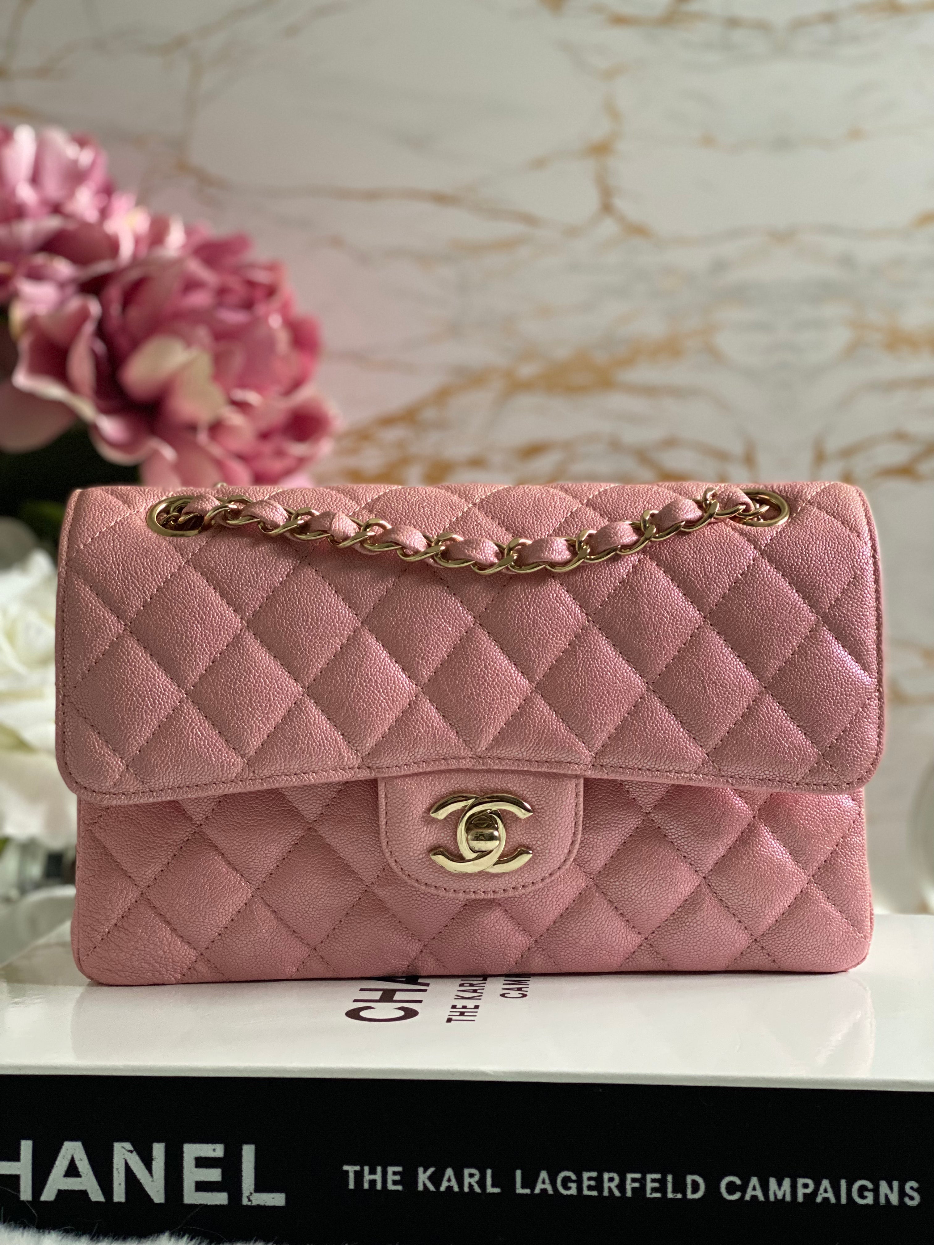 NIB 19S Chanel Iridescent Pearly Pink Caviar Medium Classic Double
