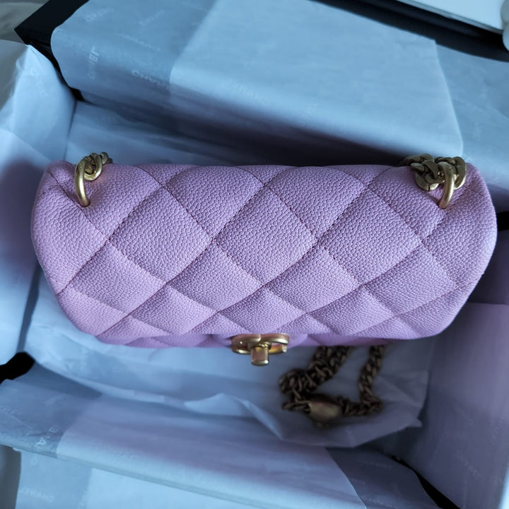 Chanel 23P Pink Caviar Heart Adjustable Mini Rectangular Flap Bag with gold hardware