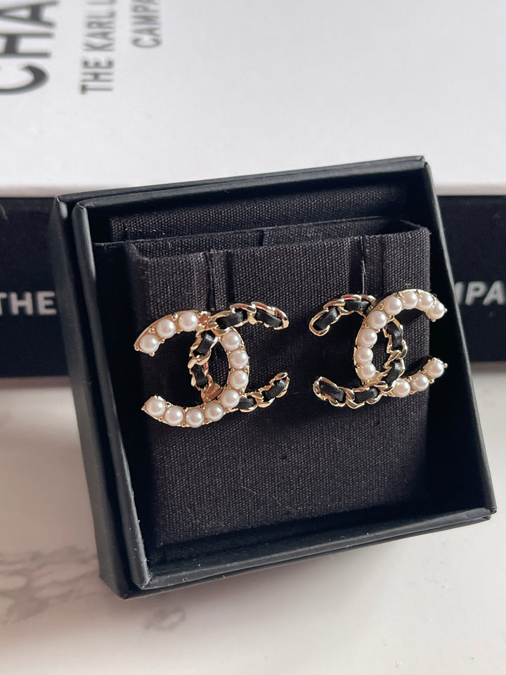 Chanel 22B Pearl and Leather CC Earrings