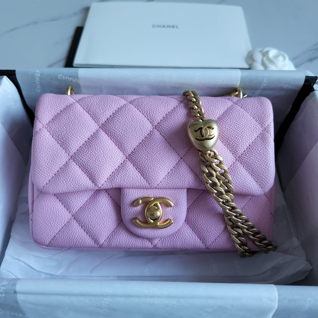 Chanel 23P Pink Caviar Heart Adjustable Mini Rectangular Flap Bag with gold hardware