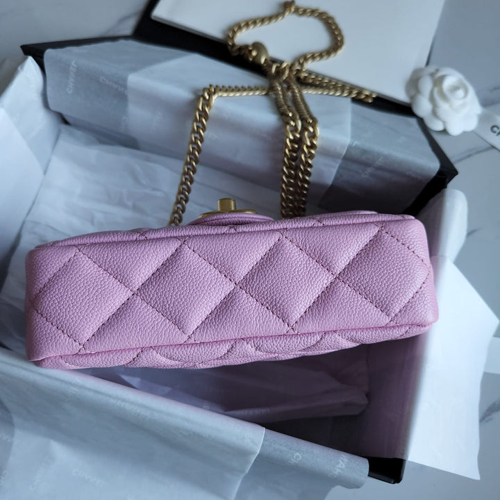 Chanel 23P Pink Caviar Heart Adjustable Mini Rectangular Flap Bag with gold hardware