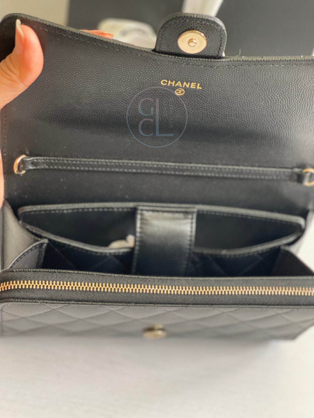 Chanel Wallet with Phone Pouch Clutch with Chain in Black Caviar LGHW