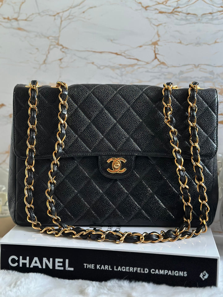Chanel Series 7 Vintage 24K GHW Black Caviar Jumbo Flap Bag