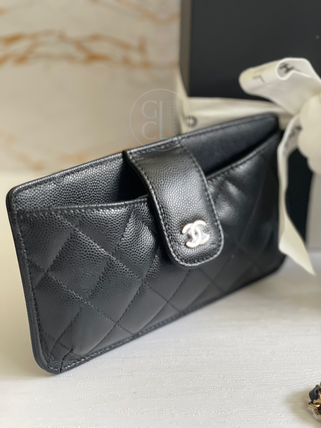 Chanel Wallet with Phone Pouch Clutch with Chain in Black Caviar LGHW