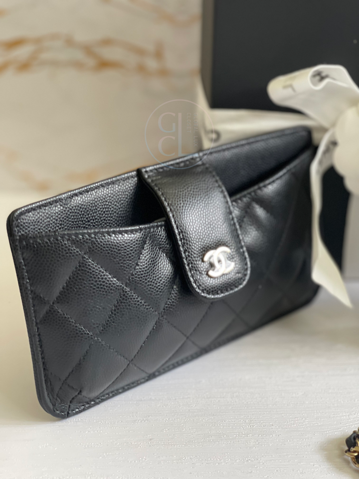 Chanel Wallet with Phone Pouch Clutch with Chain in Black Caviar LGHW