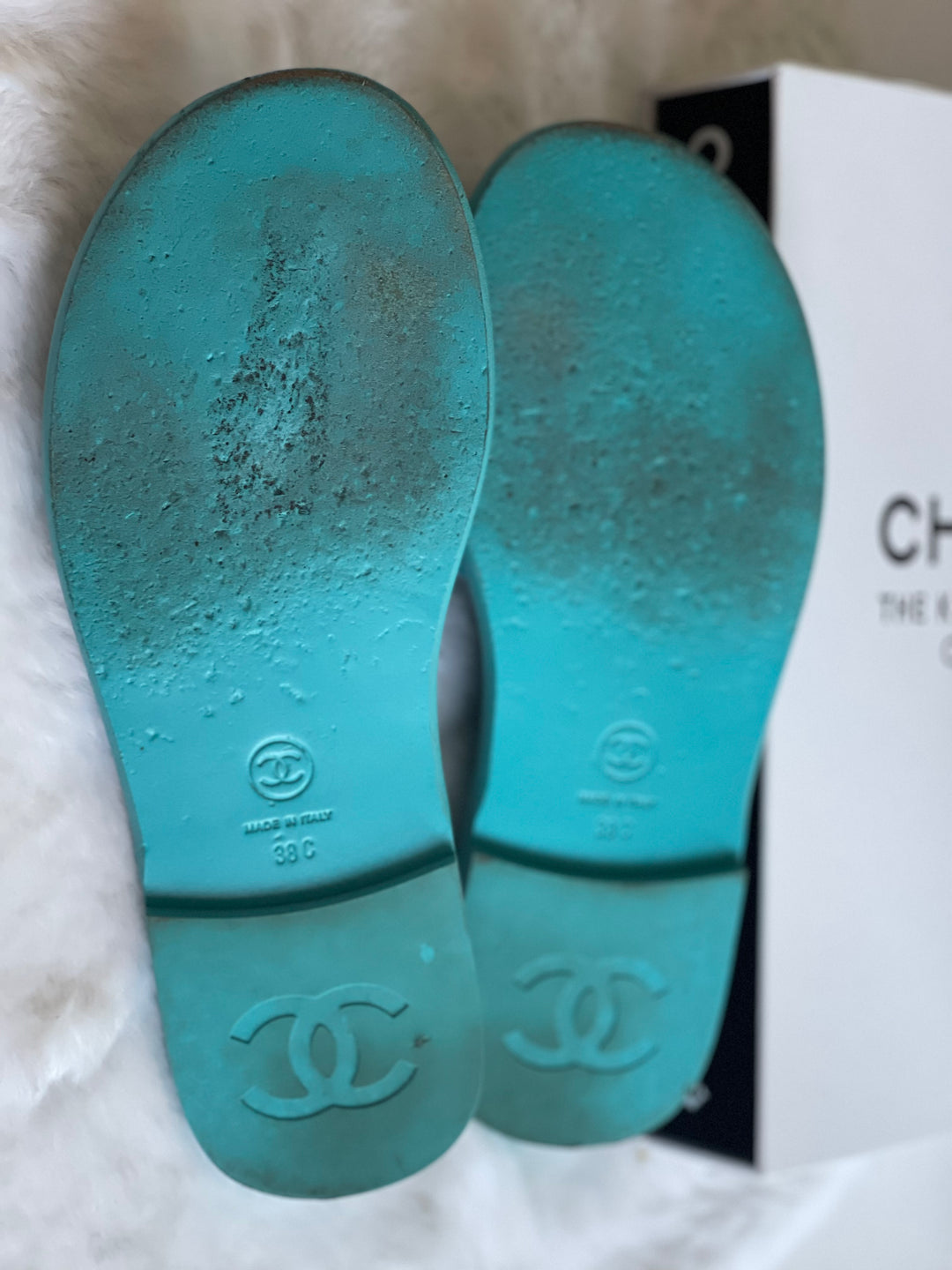 Chanel Turquoise Rubber Sliders Size 38C