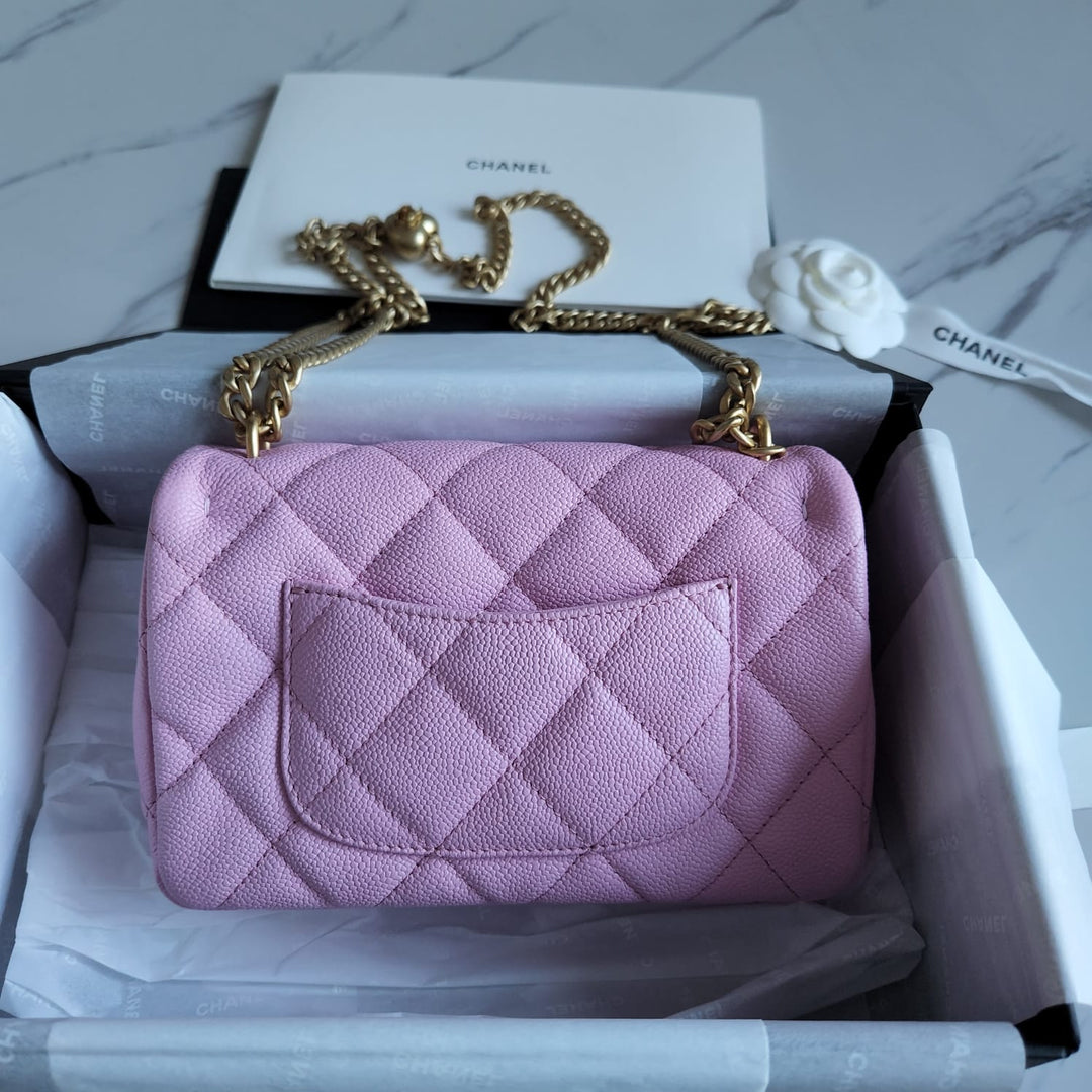 Chanel 23P Pink Caviar Heart Adjustable Mini Rectangular Flap Bag with gold hardware