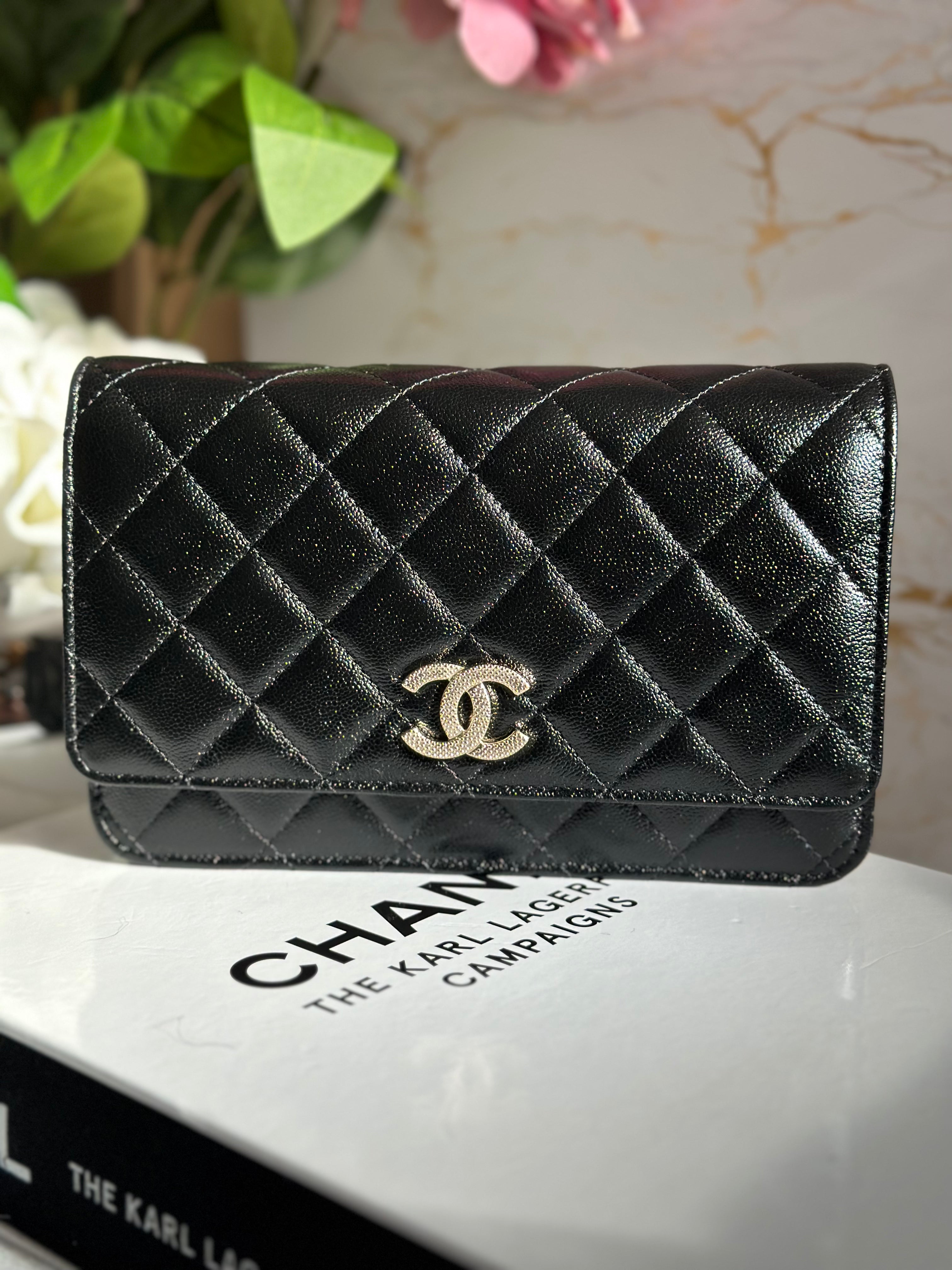 Chanel 22B Collection Black Caviar LGHW Classic Wallet on chain
