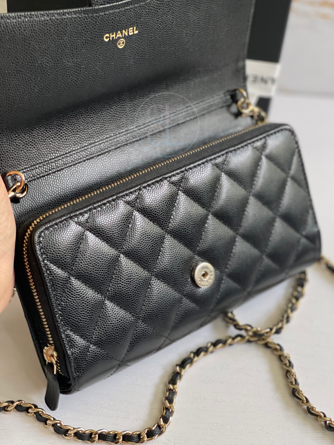 Chanel Wallet with Phone Pouch Clutch with Chain in Black Caviar LGHW