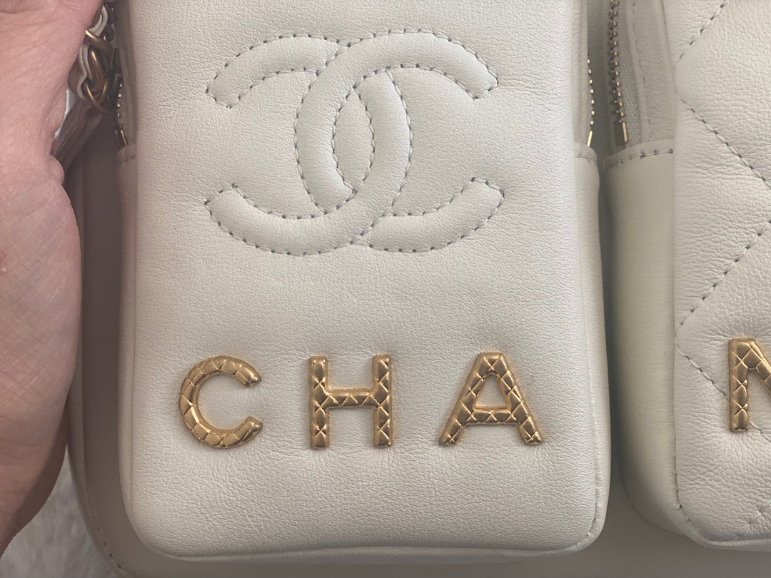 Chanel 22C White Calfskin GHW Small Camera Case Bag with Adjustable Strap