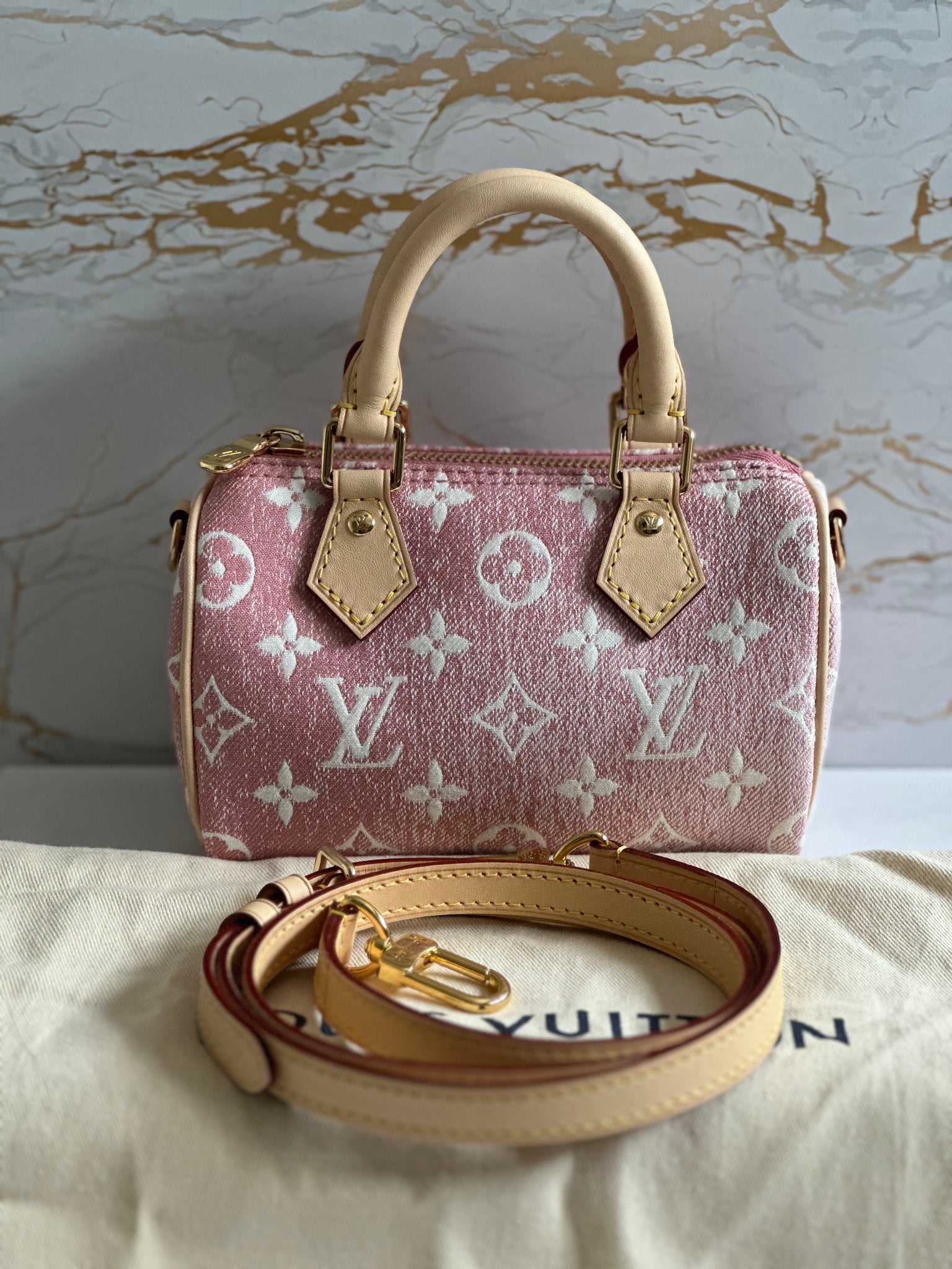 Louis Vuitton Monogram Denim Rose Nano Speedy Bag For Sale at