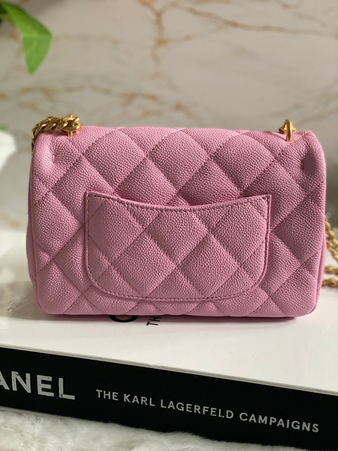 Chanel 23P Pink Caviar Heart Adjustable Mini Rectangular Flap Bag with gold hardware