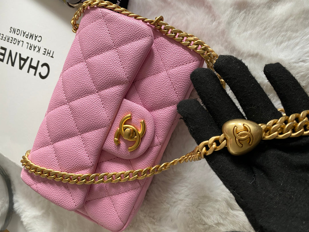 Chanel 23P Pink Caviar Heart Adjustable Mini Rectangular Flap Bag with gold hardware